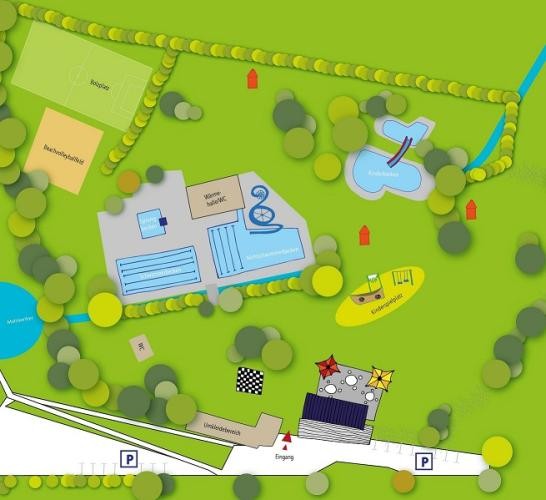 Die farbige Grafik zeigt, wo sich die Schwimmbecken und die Liegewiese befinden