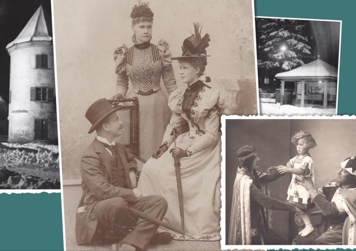 Collage aus historischen Schwarzweiß-Bildern, die Personen und Gebäude zeigen. 