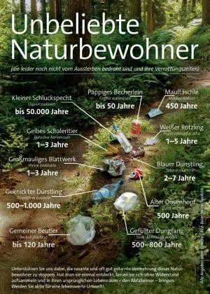 Das Poster zeigt einen vermüllten Wald. Im Text werden die einzelnen Abfälle und ihre Zersetzungsdauer genauer erklärt