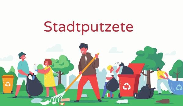 Bunte grafische Darstellung von Figuren, die in einem Park Müll einsammeln