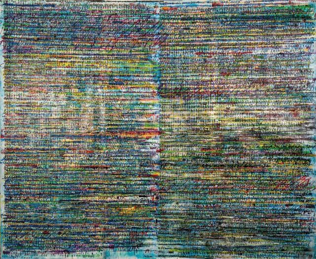 Ein abstraktes, sehr kleinteiliges und farbiges Bild einer Künstlerin