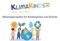 Die Schrift "KlimaKinder" in bunten Buchstaben, darunter eine farbige Grafik  mit Personen, die symbolisch Pflanzen und Wassertropfen in der Hand halten