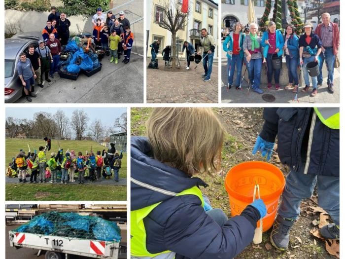 Eine Collage aus sechs Fotos zeigt Gruppen, die mit Zangen und Eimern Müll aufsammeln