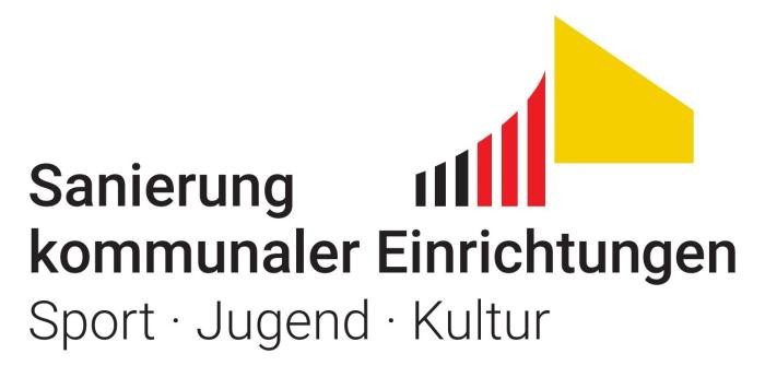 Schwarz-rot-weißes Logo "Sanierung kommunaler Einrichtungen" Sport, Jugend, Kultur