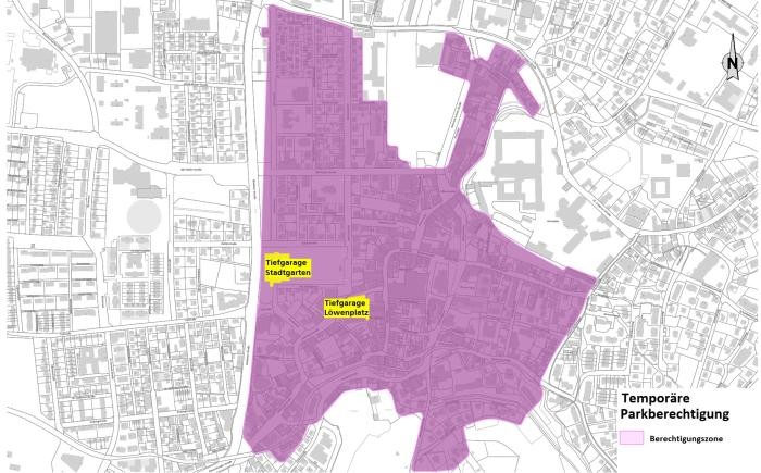Anwohner der schraffierten Zone können sich kostengünstig eine temporäre Parkberechtigung ausstellen lassen
