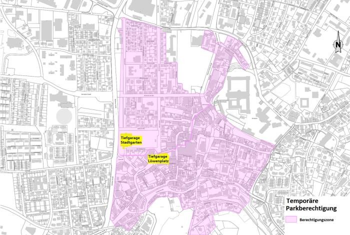 Karte mit einer Übersicht der beiden temporären Parkberechtigungszonen