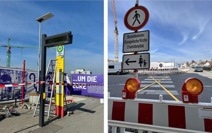 Eine Straße mit Zebrastreifen und Verkehrsschildern sowie Baustellenschilder