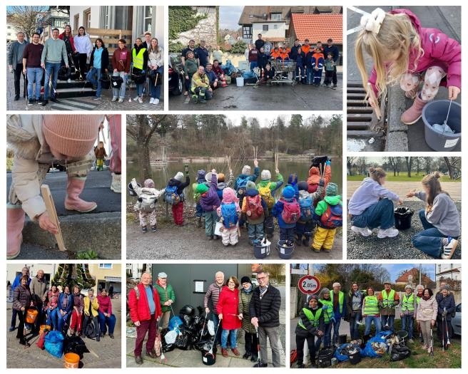Neun zusammengesetzte Fotos zeigen unzählige Erwachsene und Kinder, die mit Zangen in der Hand Müll und Kippen aufsammeln
