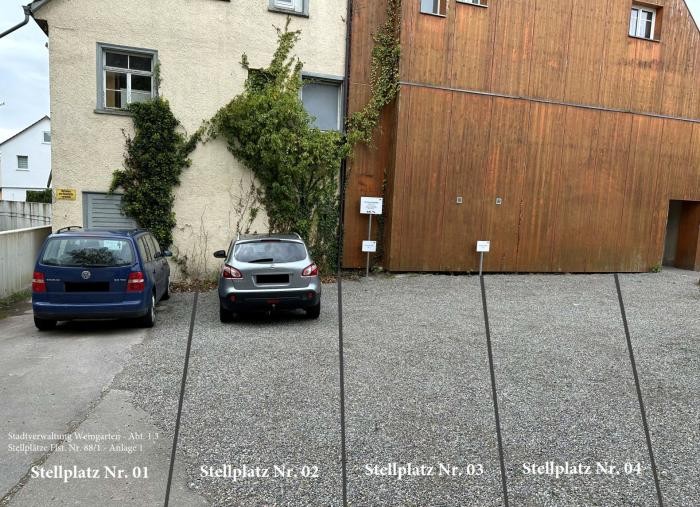 Ein Schotterparkplatz, auf dem zwei Autos stehen, während zwei Stellplätze leer sind