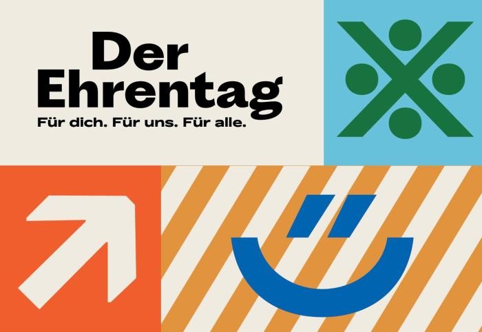 Farbige Grafik-Logos des Ehrentags, zum Beispiel ein Pfeil