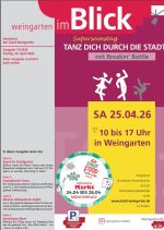 Die Titelseite zeigt eine bunte Grafik, die in unterschiedlichen Schriftarten zum "Supersamstag" nach Weingarten einlädt.