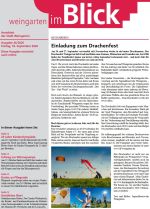 Die Titelseite des Heftes zeigt Fotos von bunten Drachen am Himmel und Wiese