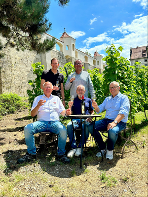 Fünf Männer sitzen und stehen zwischen Reben im Weinberg, in der Hand ein Glas Weißwein
