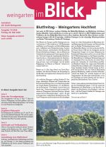 Die Titelseite zeigt das Foto von mehreren Reitern, umgeben von Grün. Im Hintergrund die große Kirche von Weingarten 